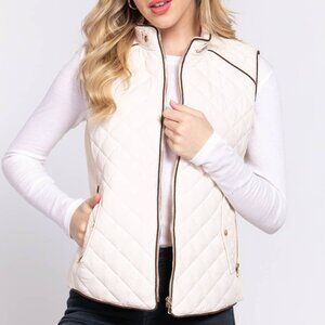 White Suede Piping Accent Zip Up Vest